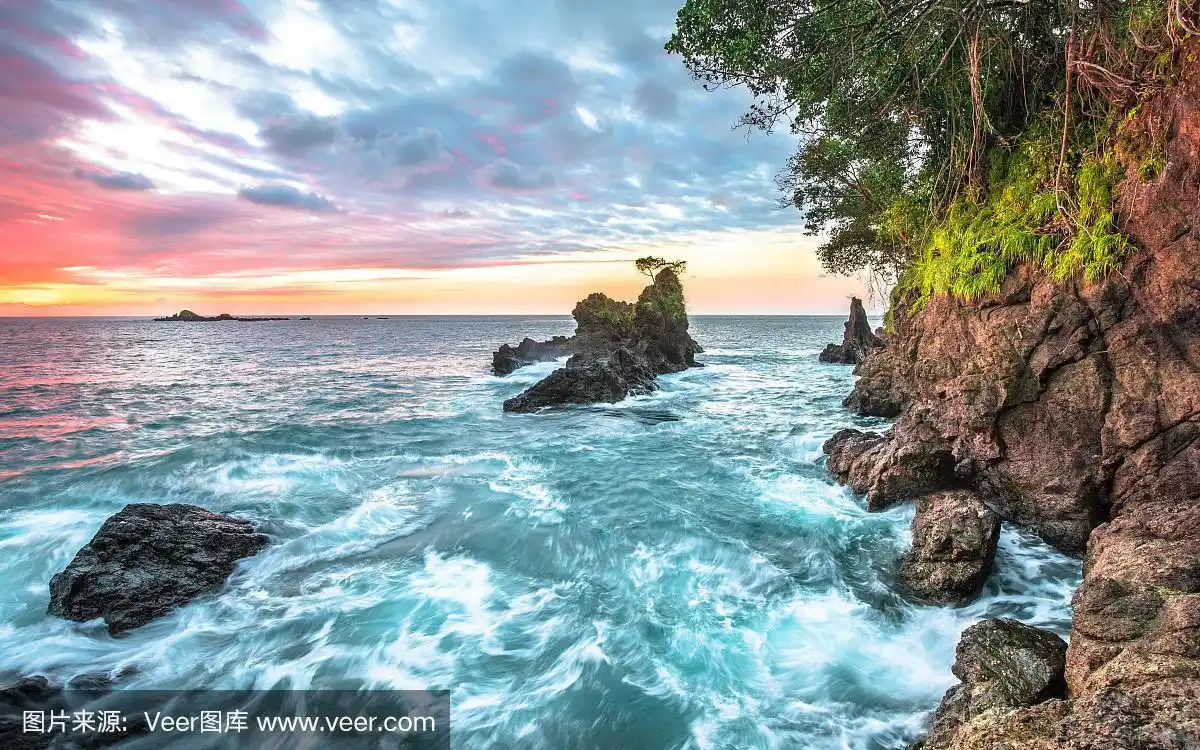 哥斯达黎加,海岸线,热带气候,长的,黄昏