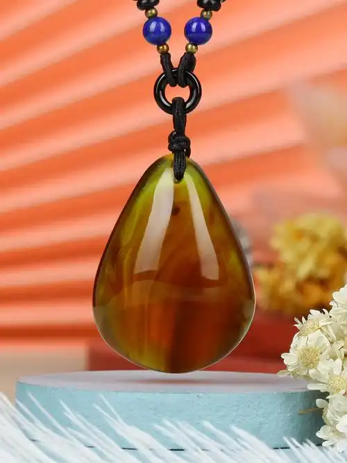 嘉乐琥珀 血珀吊坠男女缅甸棕红琥珀素石挂坠水滴项链蜜蜡毛衣链