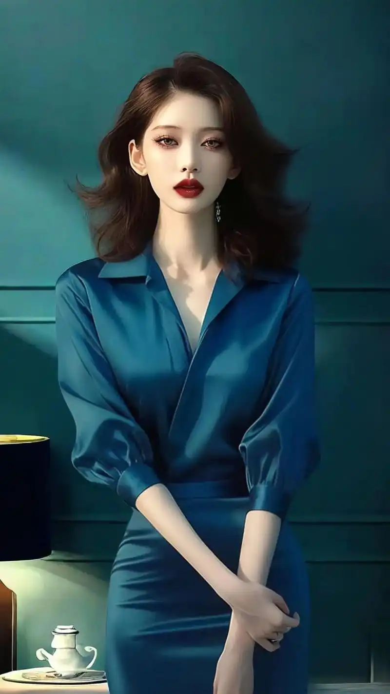 夏季上流社会高端精致女神范气质高冷御姐风蓝色缎面连衣裙子,简直让