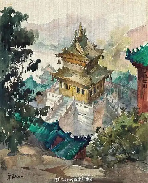 中国著名女水彩画家华宜玉笔下的古建筑