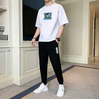 白色一套-(男孩子小伙夏款个性 l-(男款半截袖上衣搭配长裤子两