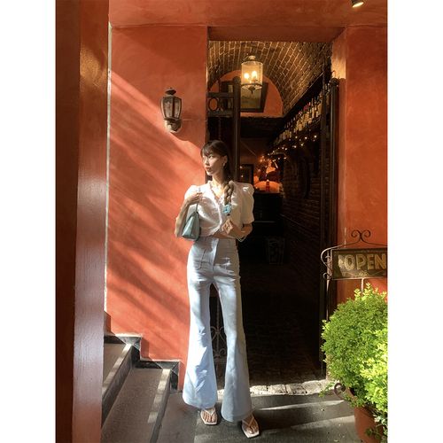 sourcewithu 女明星衣橱 长腿欧尼私服浅蓝色棉麻微喇裤高腰长裤