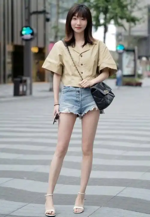 街拍,美女选择了一双白色一字带细跟凉鞋,又飒又美