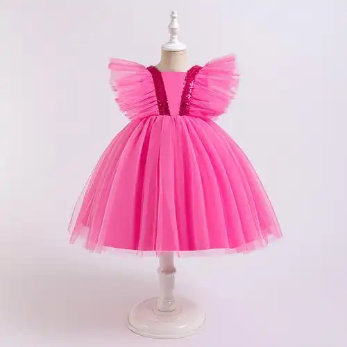 跨境儿童礼服小飞袖蓬蓬公主裙花童婚纱女童节日钢琴走秀演出服装