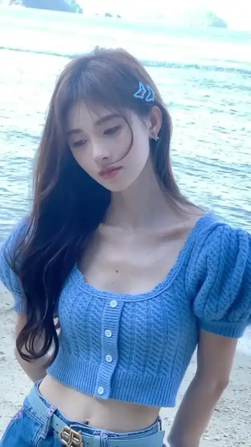 鞠婧祎明星同款法式蓝色方领泡泡短袖针织衫女夏季设计感短款上衣