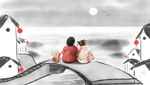 插画鼠兄妹两人坐在地上的背影照片