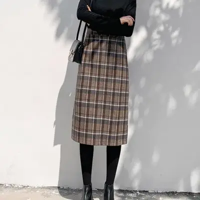 复古格子半身裙女中长款2019秋冬新款大码高腰a字毛呢直筒裙长裙