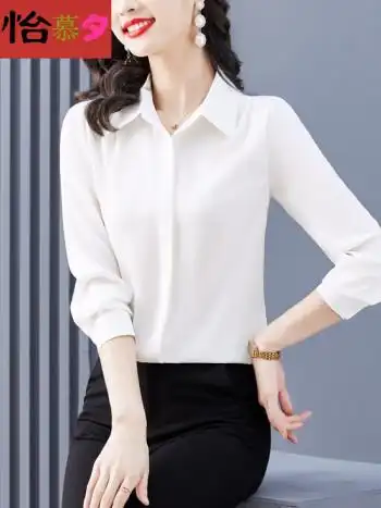 夕新款高端重磅真丝衬衫女桑蚕丝上衣通勤双面长袖衬衣春仙女生白色l
