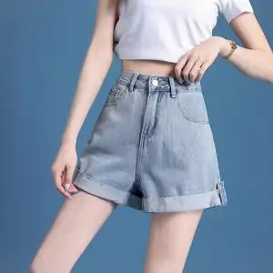 高腰牛仔短裤女夏薄款2022新款浅色宽松阔腿a字学生卷边ins热裤潮