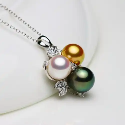 珍珠吊坠珍媄珠宝海水三颗孔雀金黄色白透粉颈饰