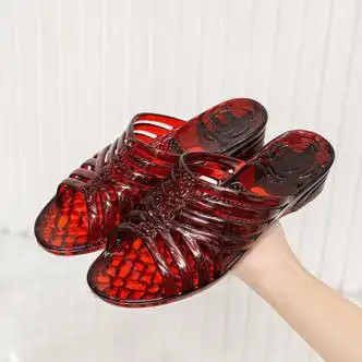 prowow不臭脚中年透明拖鞋女夏天外出百搭水晶中跟高档凉鞋老式跟高38