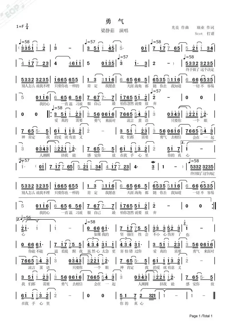 勇气(梁静茹演唱)——动态简谱