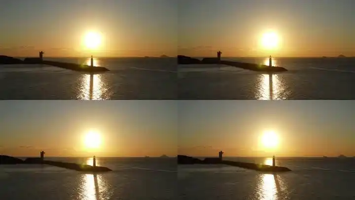 4k航拍青岛情人坝灯塔日出剪影