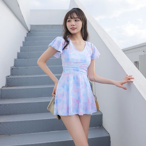 泳衣 新款保守连体裙式平角游泳衣女式性感泡温泉显瘦泳装批发