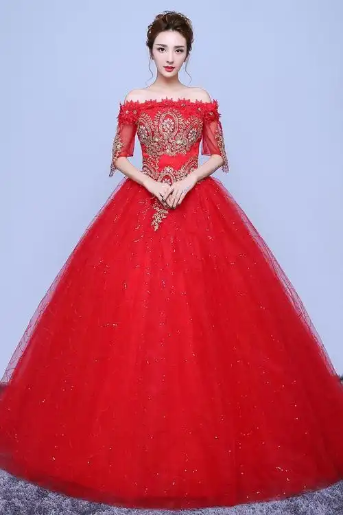 轻婚纱2021新款气质婚纱礼服新娘齐地婚纱一字肩红色韩式修身显瘦