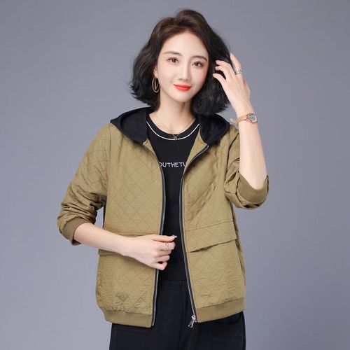 休闲连帽外套女春秋新款韩版时尚休闲上衣中年女士小个子拼色百搭夹克