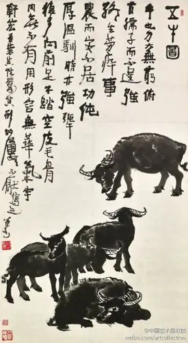 水墨画#【 李可染 《五牛图》 】立轴,纸本,125.5×69cm.