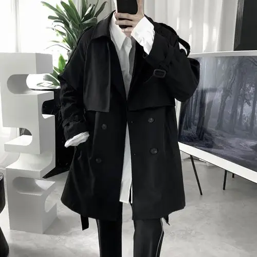 短句先生2021新款秋冬季黑色中长款风衣男韩版英伦休闲长款外套