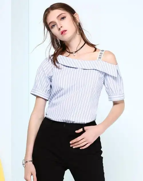 betu/百图一字领露肩短袖衬衫绿色