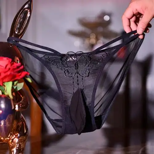 镂空内裤男jj套裸感蕾丝低腰刺绣蝴蝶火辣诱惑透明性感大码三角裤