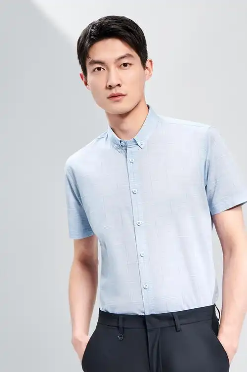 hla海澜之家短袖衬衫男格纹水洗扣领尖领舒适顺滑亲肤透气休闲短衬
