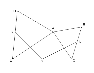 在直角三角形abc中做等边三角形abd和ace,点p是bc的中点,m是bd的中点