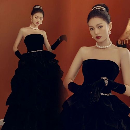 影楼主题写真服装迪丽热巴同款礼服法式黑色抹胸复古赫本风婚纱照