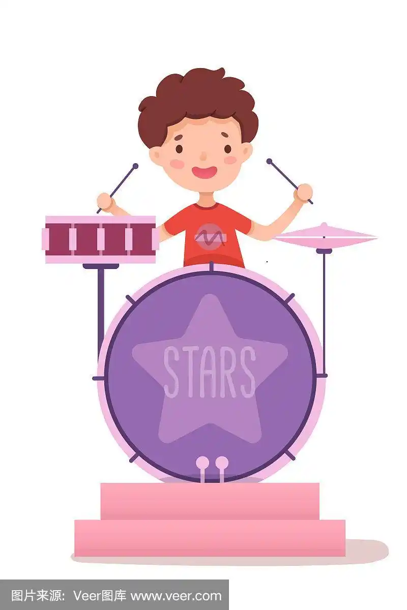 男孩鼓手平面矢量插图.有才华的年轻音乐家拿着鼓槌的卡通人物.