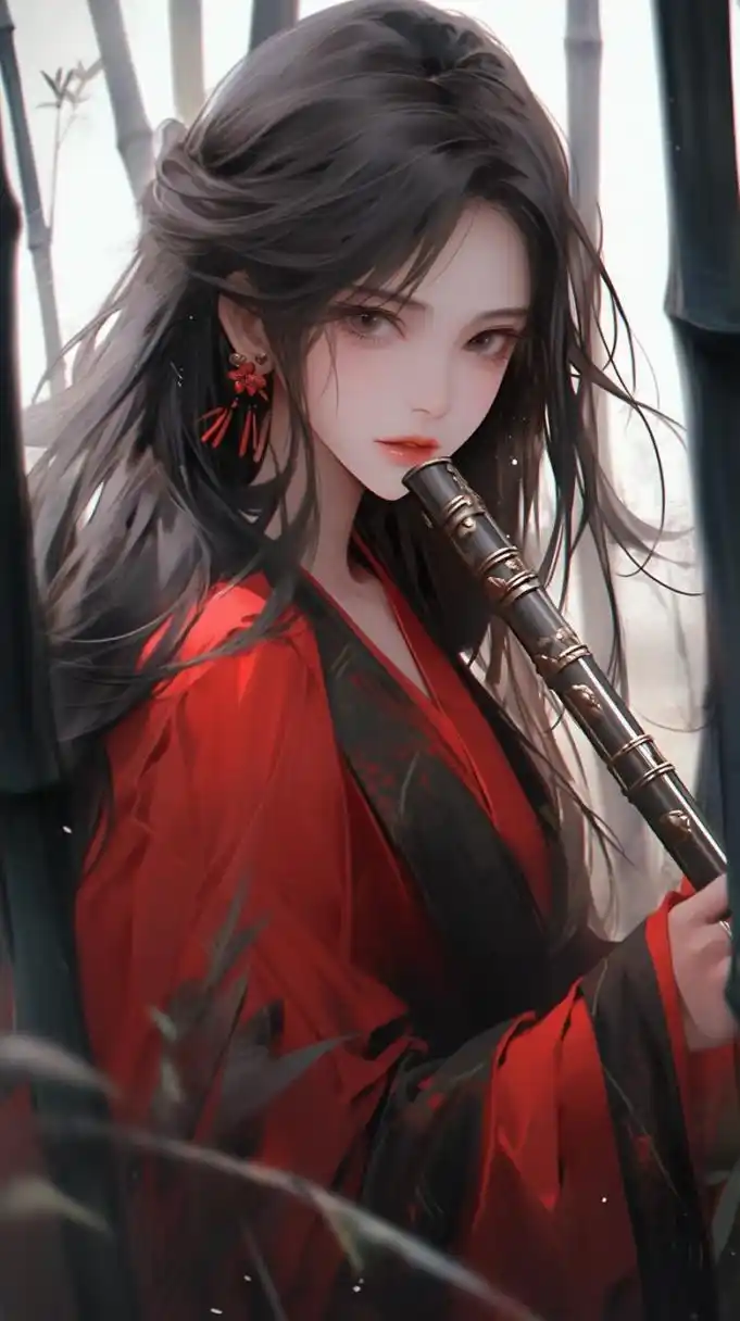 二次元# #古风# #二次元美女# #古风美女# #手机壁纸#  红衣竖笛舞
