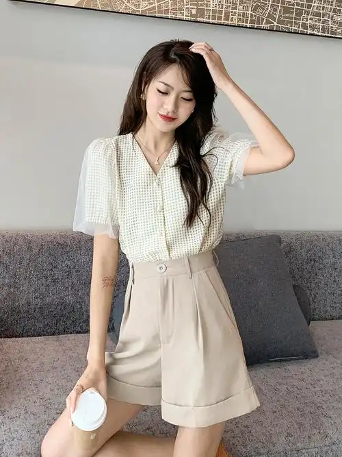 泡泡袖格子衬衫 时尚短裤套装女2021年夏装新款韩版小个子两件套_晨曦