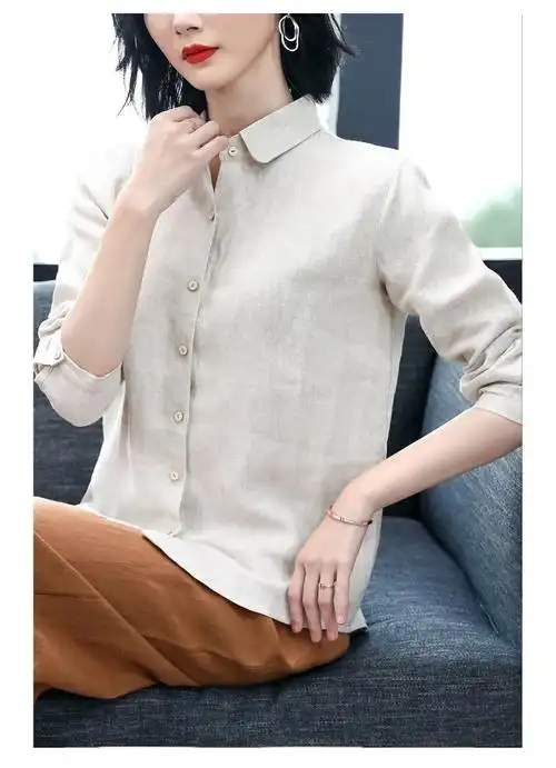 皮尔卡丹轻奢品牌女装高端亚麻衬衫女士宽松文艺纯色春夏新款麻料条纹