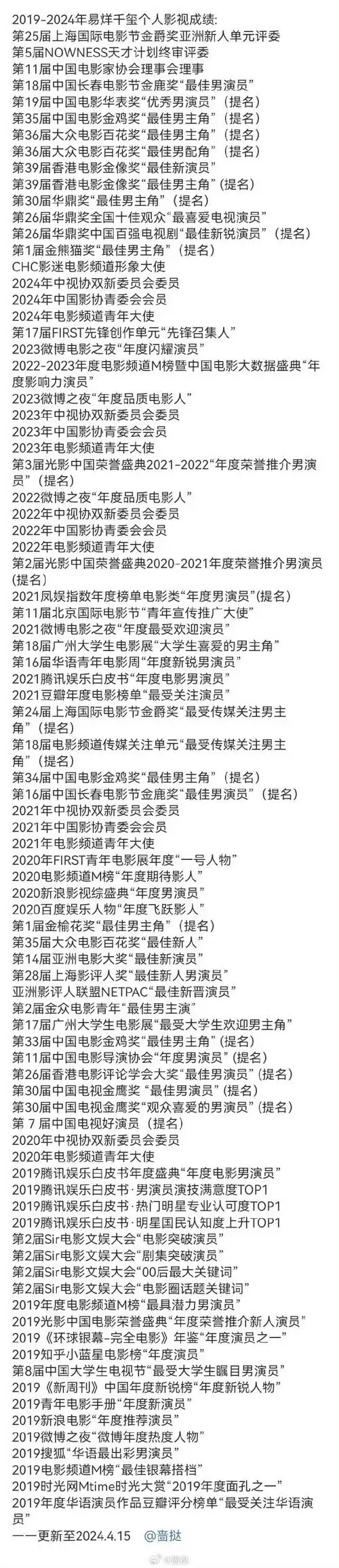 易烊千玺入围百花奖最佳男主角初评