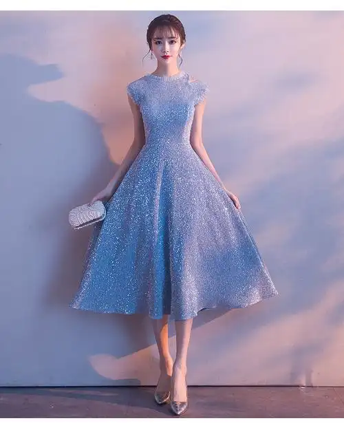 2019新款晚会法式小礼服仙女系聚会宴会气质显瘦中长款蓝色礼服女