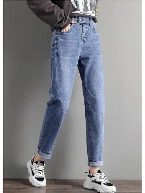 浅色牛仔裤女宽松2022春新款半松紧腰老爹潮流百搭时尚哈伦裤!