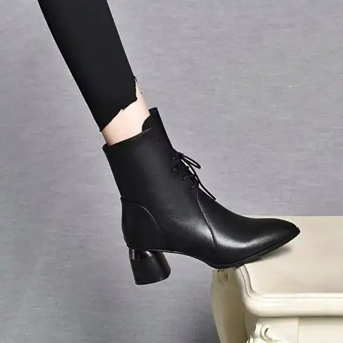 真皮粗跟马丁靴系带侧拉链中跟短靴尖头瘦瘦靴时装靴昔子精选女鞋