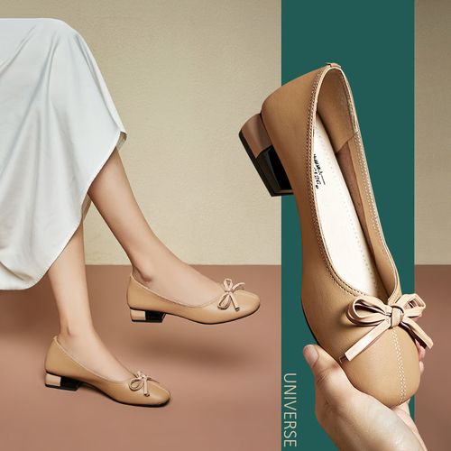 清仓真皮女鞋秋季新款蝴蝶结低跟单鞋女士皮鞋方头里外全皮一脚蹬