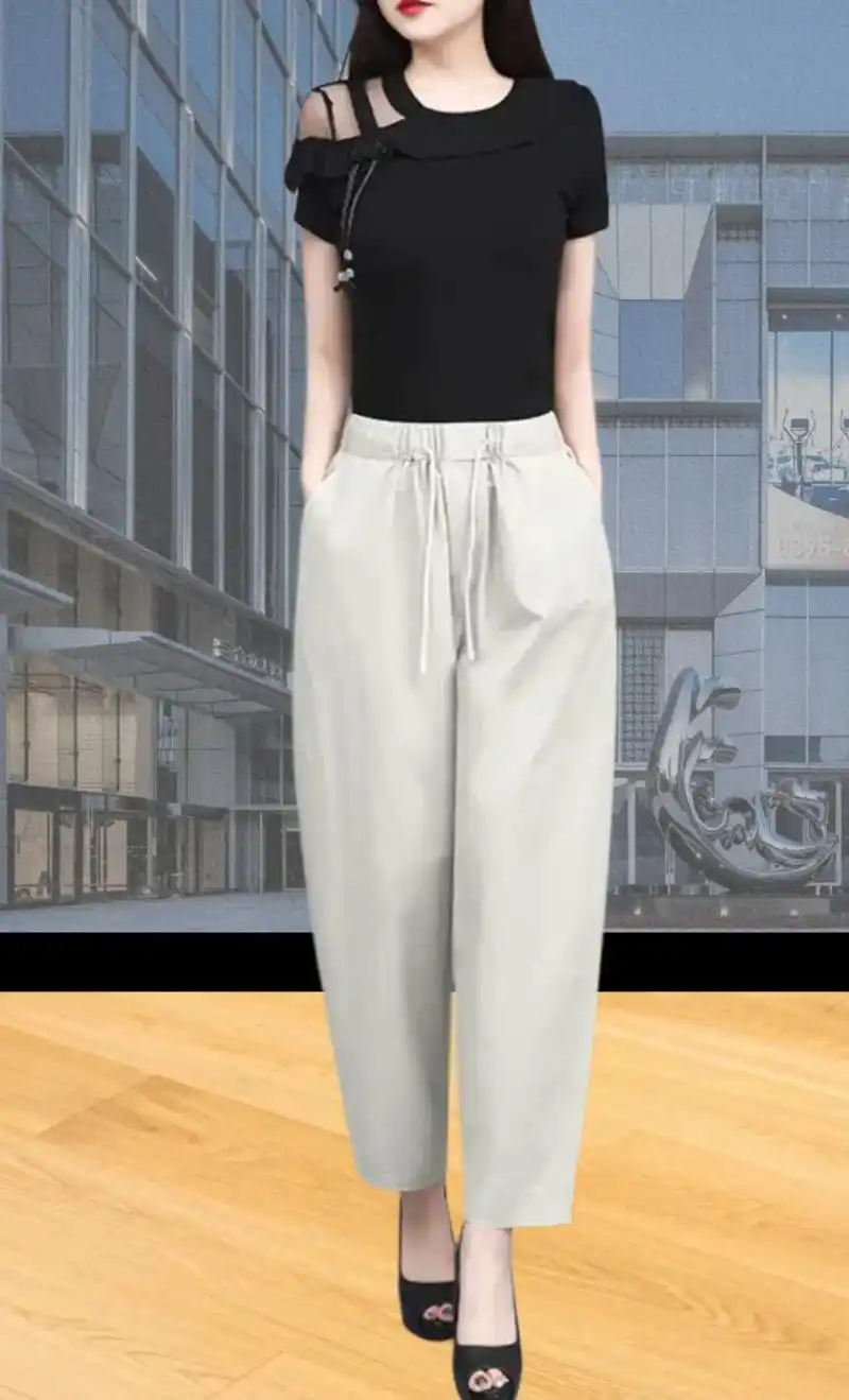 高腰宽松薄款休闲哈伦裤女夏萝卜裤女松紧腰