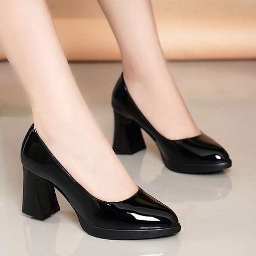 意尔康皮鞋2020新款真皮粗跟高跟防水台浅口职业单鞋