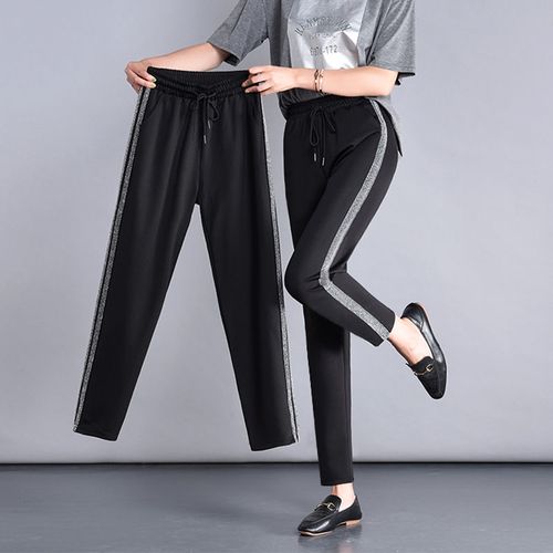 2021新款休闲裤女秋冬九分薄款高腰宽松运动裤女大码黑色加绒裤子