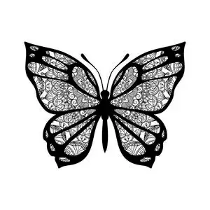 有图案翅膀的蝴蝶. 塔图的矢量符号. 白底黑字照片