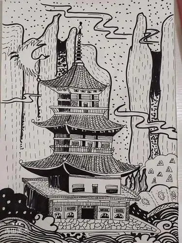 金旭校区周日线描古建筑装饰画