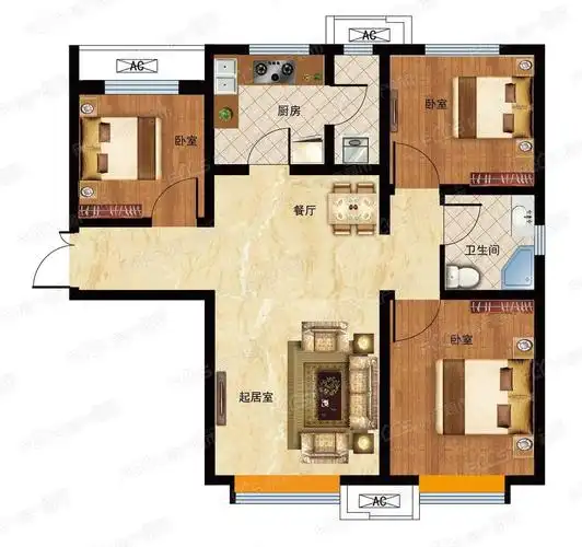 富力又一城3室2厅1卫的户型