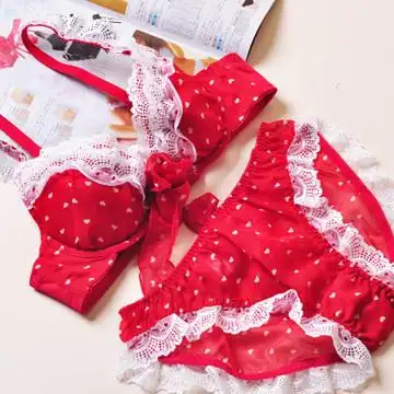外贸伊玛姬日本原单本命年内衣日系可爱雪纺红色少女文胸套装 三角裤