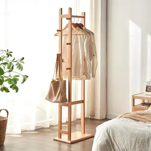 榉木衣帽架落地实木卧室家用挂衣衣架创意多功能衣帽架