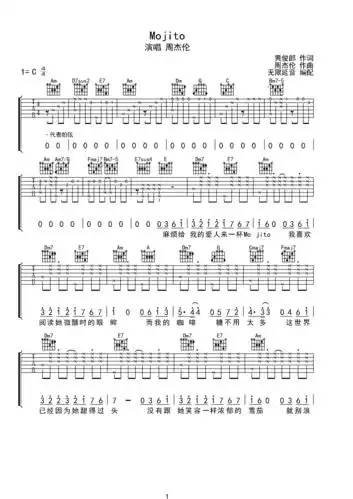 周杰伦 mojito 吉他谱 c调指法c调六线吉他谱-虫虫吉他谱免费下载