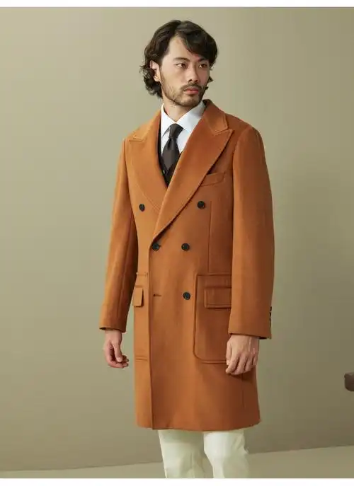 hany金棕羊绒马球大衣男双排扣羊毛高端商务休闲毛呢长款男士外套