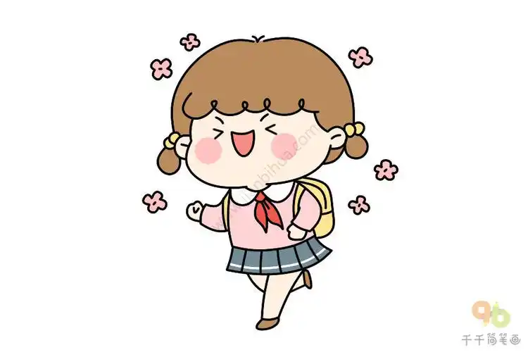 上学的小女孩简笔涂色画