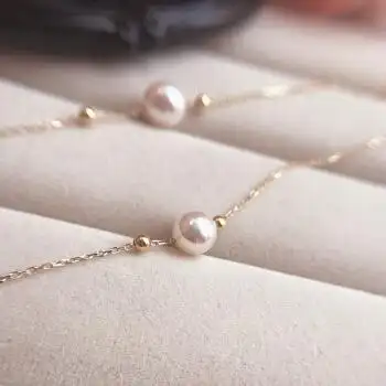 女akoya单颗天然海水珍珠手链18k金可调节链极强光透粉 卡地亚链15