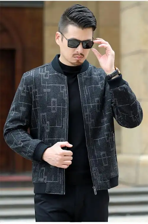 中年男士毛呢夹克外套夹棉加厚休闲上衣40爸爸秋装50岁大叔秋冬高品质