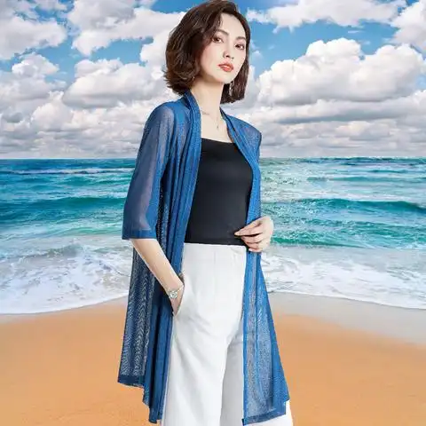 2018新品春秋薄款开衫外套女百搭夏季网纱防晒衣宽松中长款小披肩